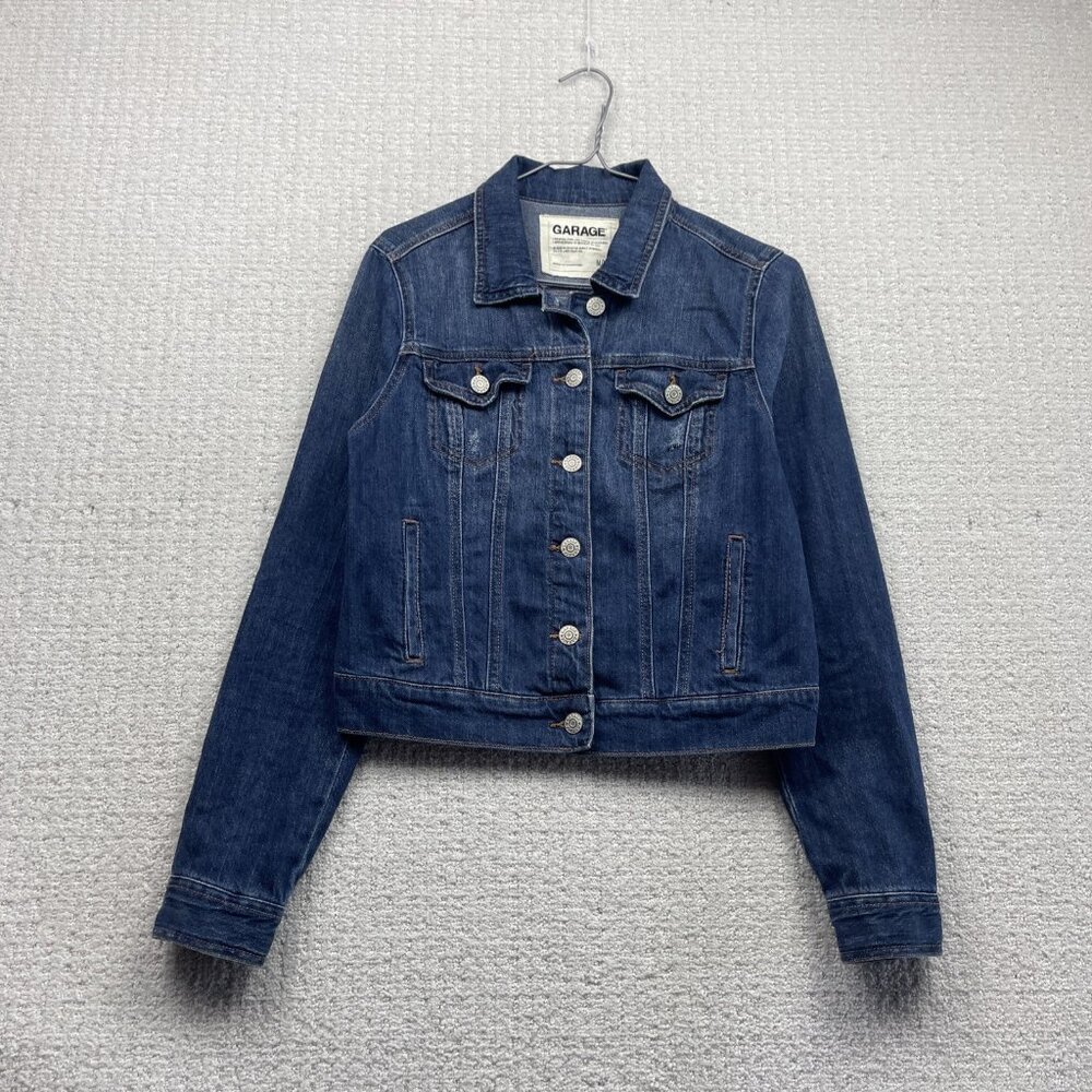 Garage Biker Racing Jeans Jacket Denim Distressed Dark Blue Wom M Button Up